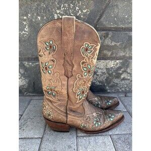 Vaccari Saddle Leather Laser Cut Out Turquoise Inlay Western Boots Women’s 7